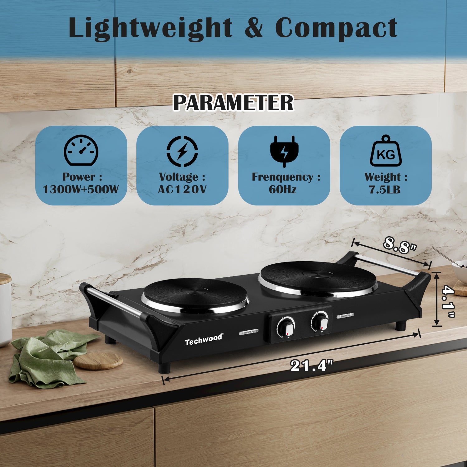 Hot Plate Techwood Doubel Burners for Cooking 1800W Countertop