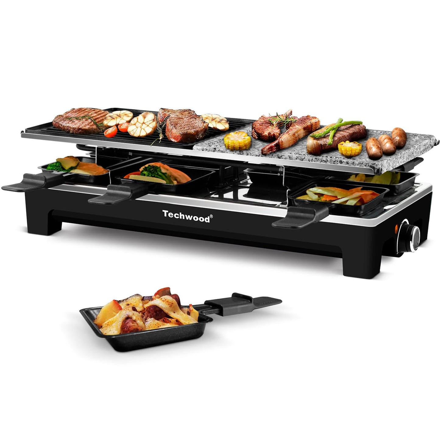 Techwood 1500W Electric Raclette Table Grill – Korean BBQ Indoor Grill with Removable 2-in-1 Non-Stick Plates, 8 Cheese Melt Pans, Quick Heating, Perfect for Family Parties and Gatherings