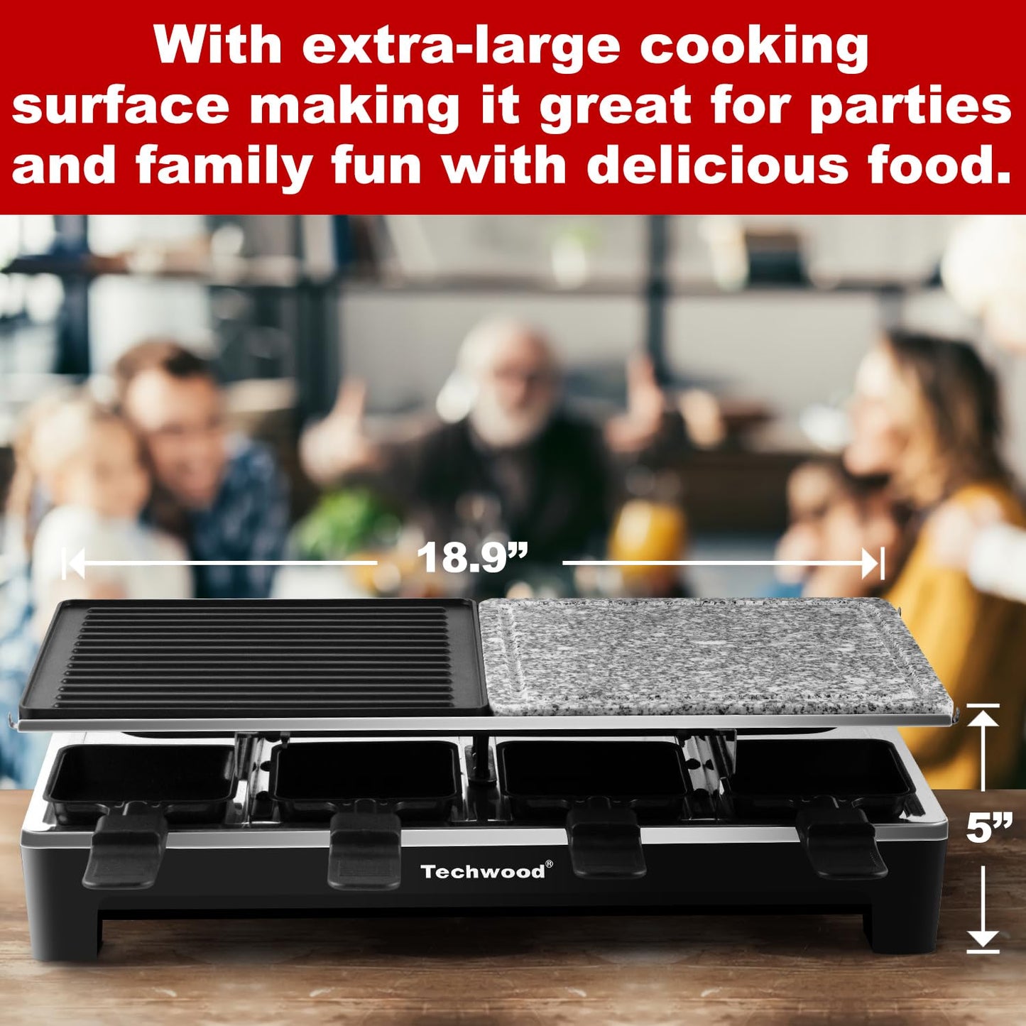 Techwood 1500W Electric Raclette Table Grill – Korean BBQ Indoor Grill with Removable 2-in-1 Non-Stick Plates, 8 Cheese Melt Pans, Quick Heating, Perfect for Family Parties and Gatherings