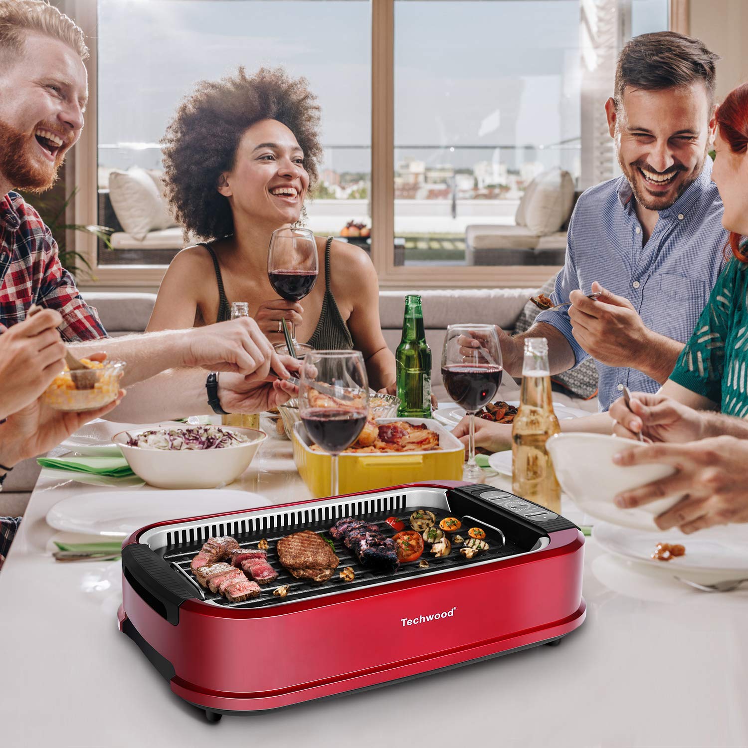 Techwood Indoor Smokeless Grill, 1500W Electric BBQ Grill and Non-Stick  Grill Plates with Temperature Control, Removable Drip Tray, Tempered Glass  Lid, Red 