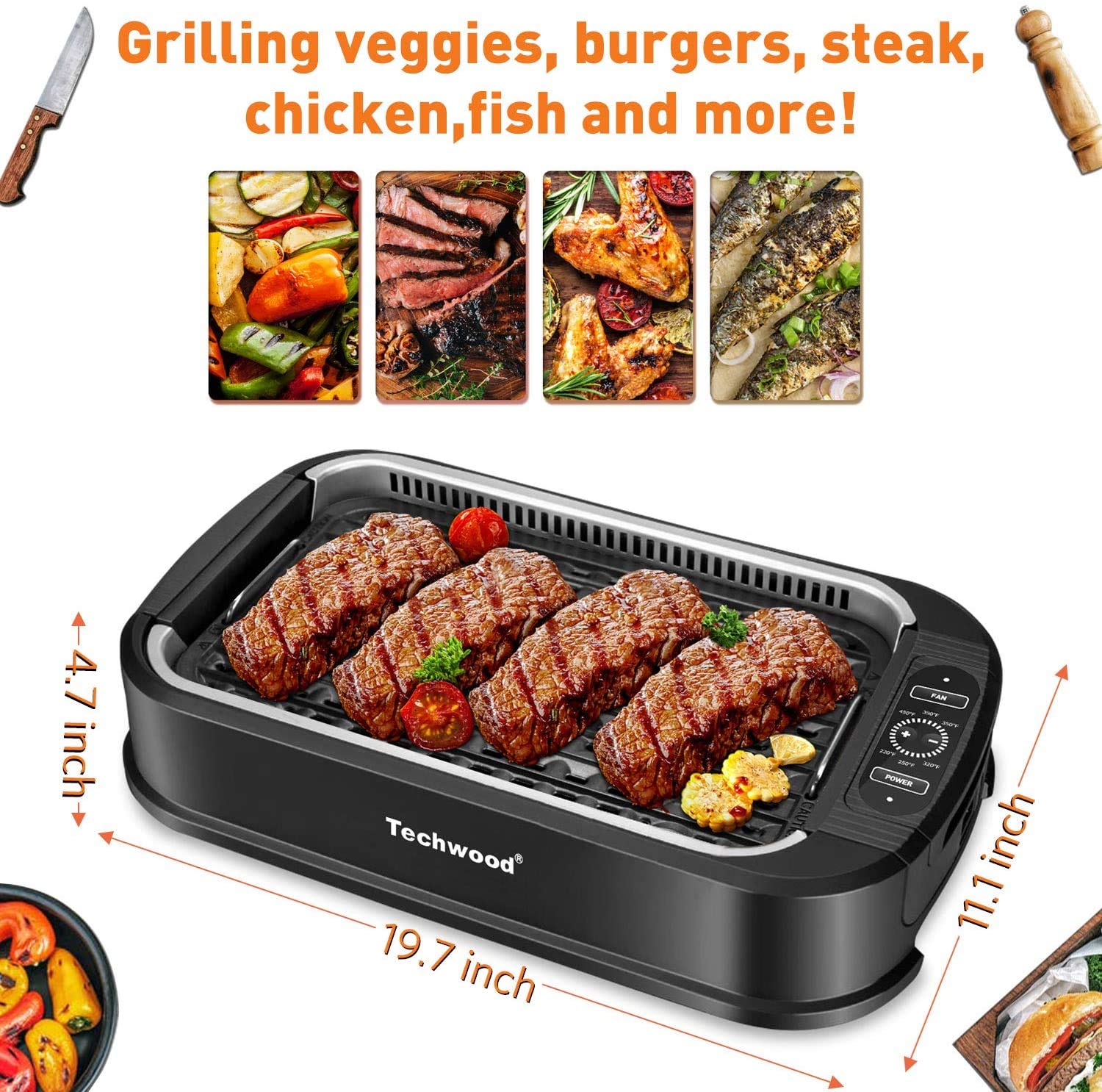 Techwood Electric Smokeless Indoor Grill With Glass Lid & LED