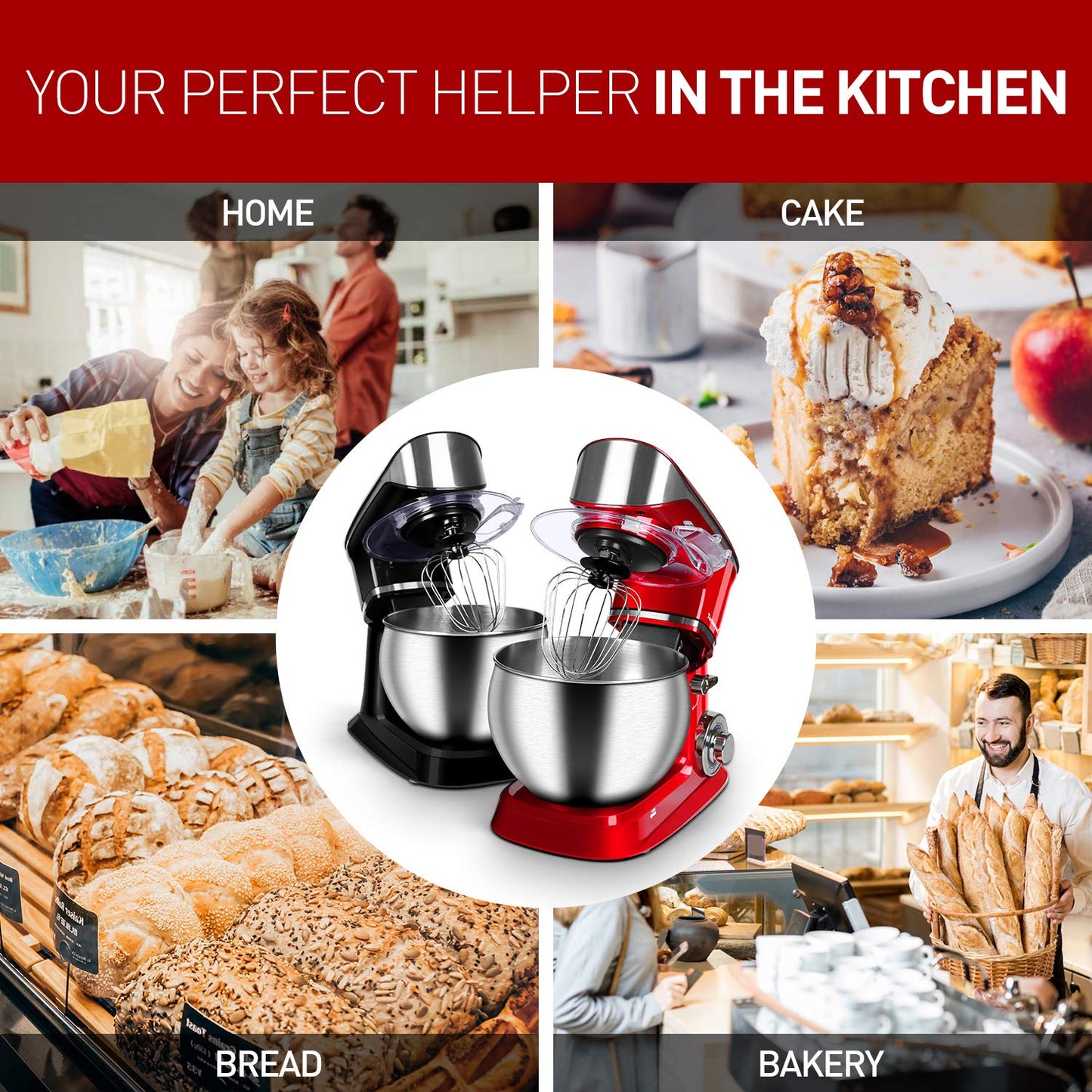 Techwood 6QT Tilt-Head Stand Mixer(Red)