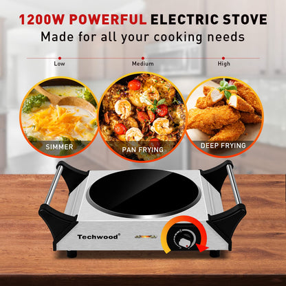 Techwood 1200W Infrared Ceramic 7.5" Glass Single Hot Plate with Stay Cool Handle(Silver)